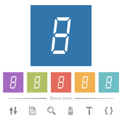 digital number eight of seven segment type flat white icons in square backgrounds