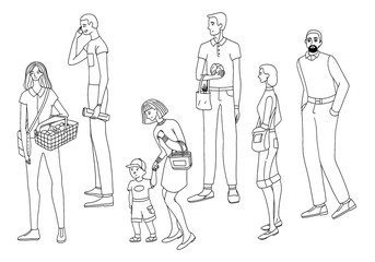 Fototapeta na wymiar Set of illustration of people standing in queue or on the street. Humans in full growth. Contour drawing of women and men isolated on white. Hand drawn vector collection in simple cartoon flat style.