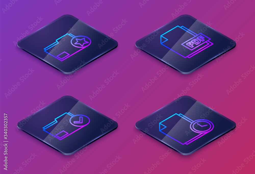 Poster set isometric line document folder with star, document folder and check mark, pdf file document and 