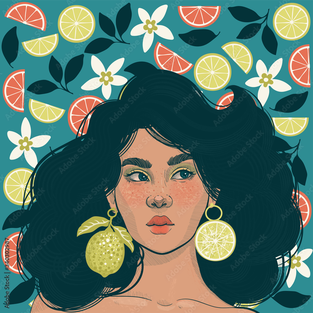 Wall mural beautiful girl with earrings in the form of juicy limes on the background of fresh citruses and flowers 