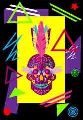 Colorful Indian skull with feathers and geometric shapes.