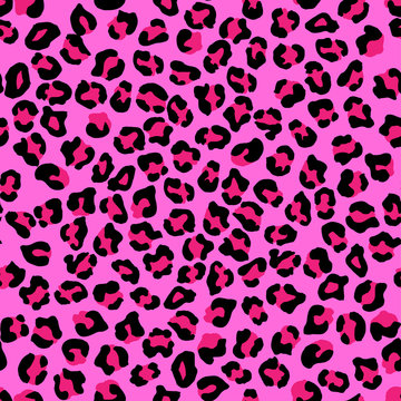 Leopard seamless pattern. Vector animal print. Black and bright pink spots on a pink background. Jaguar, leopard, cheetah, panther fur. Leopard skin imitation can be painted on clothes or fabric.
