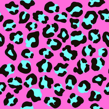 Leopard seamless pattern. Vector animal print. Black and turquoise spots on a pink background. Jaguar, leopard, cheetah, panther fur. Leopard skin imitation can be painted on clothes or fabric.