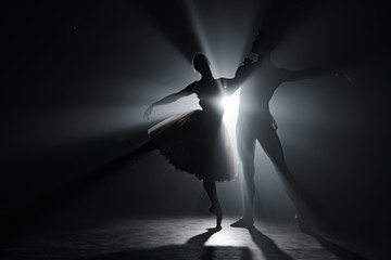 Graceful ballerina and her male partner dancing elements of classical or modern ballet in dark with...