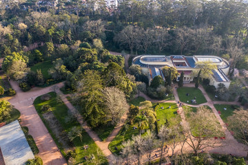 Caldas da Rainha, Portugal - February, 20, 2020 - Dom Carlos I Park - Aerial Drone Footage. Jose Malhoa Arts Museum