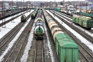 Freight trains from railway bridge at the Ufa railway station. Russia. railway platform and railway tracks.