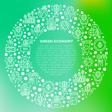 Green Economy Concept In Circle With Thin Line Icons: Financial Growth, Green City, Zero Waste, Circular Economy, Anti-globalism, Global Consumption. Vector Illustration For Environmental Issues.