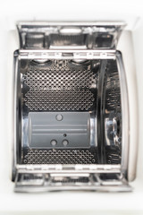 Open empty washing machine with horizontal feed