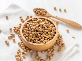 Soybean or soya bean in a bowl on white wooden background
