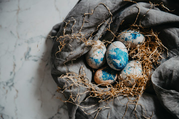 Beautiful group ombre blue Easter eggs. dyed blue dye on white surface