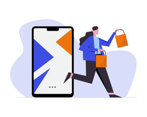 Sales concept. Young women shop online using a smartphone. Vector illustration template. Can be used for web banners, advertisements, infographics.