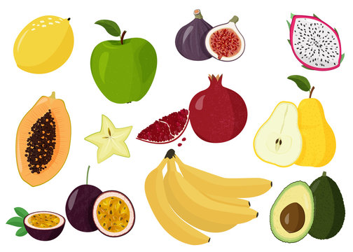 Fresh fruits vector collection. Set of sweet fruits. Lemon, papaya, dragon fruit, pomegranate, passion fruit, banana, star fruit, pear and apple.
