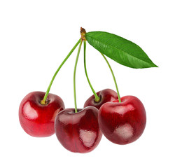 Fresh cherry with leaf isolated on white background with clipping path
