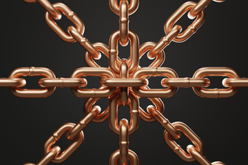 golden brass chains connected by one link isolated on black background. 3d rendering - illustration.