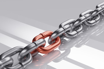 Obraz premium Steel chain with red link. 3d rendering - illustration.