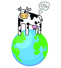 cow standing on planet earth gas CO2 polution in air atmosphere animal symbol milk icon isolated on white background 