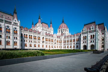 The Hungarian Parliament Building with the entrance to the underground memorial for the massacre at Kossuth Square
