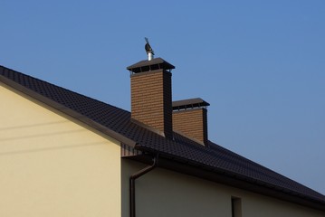 two brown brick chimneys on the tiled roof of a private house on a background of blue sky on a sunny day