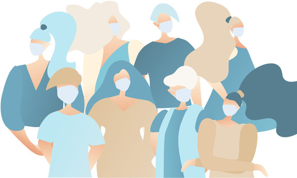 Group of people standing together with medical dace masks. Coronavirus Covid-19 prevention and protection. Stay safe. Flat illustration. 
