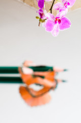 Orchidée mauve sur miroir avec crayon vert