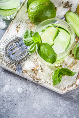 Cucumber basil smash gin and vodka alcohol cocktail. Infused summer mocktail with fresh basil leaves, citrus fruit and cucumber,