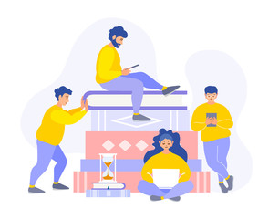 A group of people in various poses reads around a large stack of books. Vector flat style illustration on the topic of online education, training and courses. Learning concept.