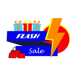 Simple flash sale illustration with bolt and banner isolated on light background
