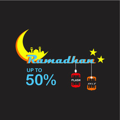 Ramadan flash sale vector illustration to welcoming the holy month with moon and red banner isolated on dark background