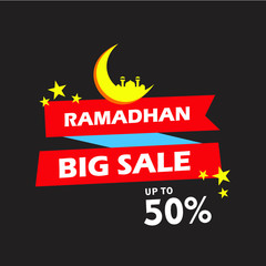 Ramadan big sale vector illustration to welcoming the holy month with moon and red banner isolated on dark background
