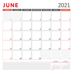 Calendar template for June 2021. Business monthly planner. Stationery design. Week starts on Sunday