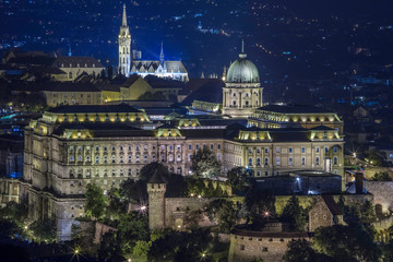 Night Image of Buda Castle and Matthias Church overlooking the Danube River in Budapest, Hungary
