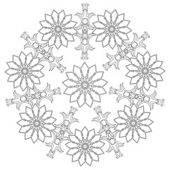 round flower ornament. black and white hand-drawn drawing. coloring pages for children and adults. decorative element of the pattern. print, embroidery, template, tattoo, clipart.