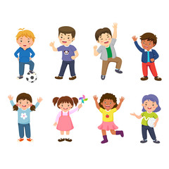 Set of school kids or children character in happy action. Vector illustration isolated on white background.
