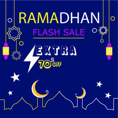 Ramadhan flash sale vector illustration with moon and stars decoration isolated on dark background
