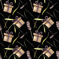 Seamless pattern with gift box and lavender on black background Watercolor illustration