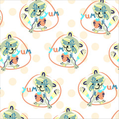 Seamless vector pattern with unique raccoon, strawberry and background with polka dots. Cute raccoon vector seamless clipart elements isolated on white perfect for print and children disign. 