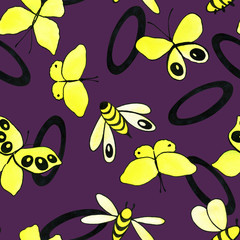 Fototapeta premium Seamless pattern with hand painted watercolor yellow butterflies, butterfly, bee, abstract lines. Stock illustration. Fabric wallpaper print texture.