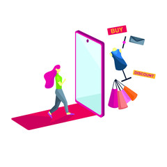 Go to shoping online or purchaing concept with an online store on smartphone screen, flat illustration. use for Landing page design for advertisement.