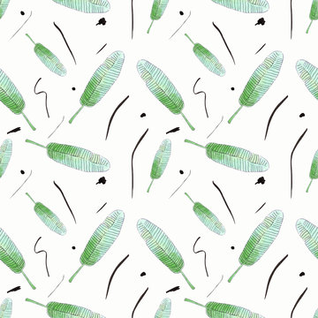 Seamless pattern with tropical leaves on white background Hand draw illustration.