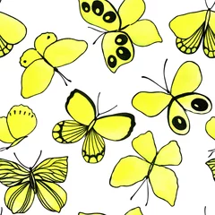 Foto op Canvas Seamless pattern with hand painted watercolor yellow butterflies isolated on white background. Stock illustration. Fabric wallpaper print texture. © Maya
