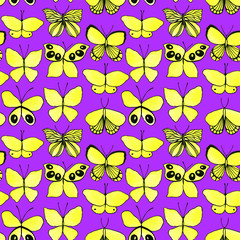 Seamless pattern with hand painted watercolor yellow butterflies. Stock illustration. Fabric wallpaper print texture.