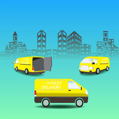 delivery van on city background. Product goods shipping transport. Fast service truck
