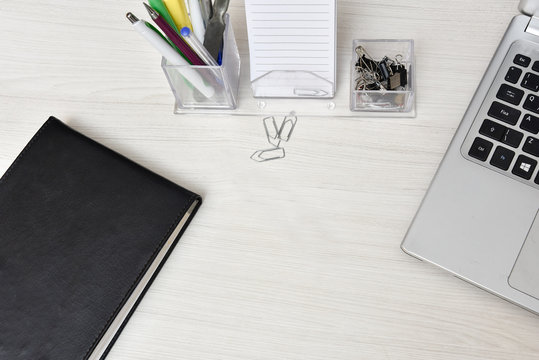 home office desk or notepad, note book, pens, used for work and distance learning with pens, EAD