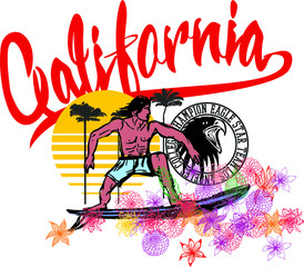 california surfer, eagle and palm tree hand drawing graphic design vector art