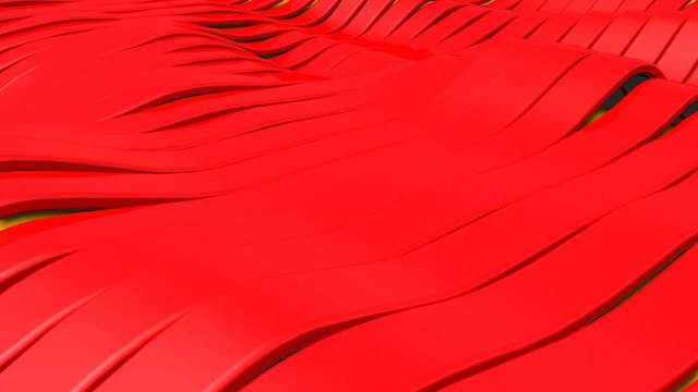 3D Minimal rows of red color strips rippling background. Futuristic pattern of strips and line abstract wave animation. Geometric motion background. 3D Render of animation.