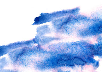 Fototapeta premium Watercolor blue background, blot, blob, splash of blue paint on white background. Watercolor blue sky, winter window, spot, abstraction. Abstract art illustration, scenic background. Manual graphics
