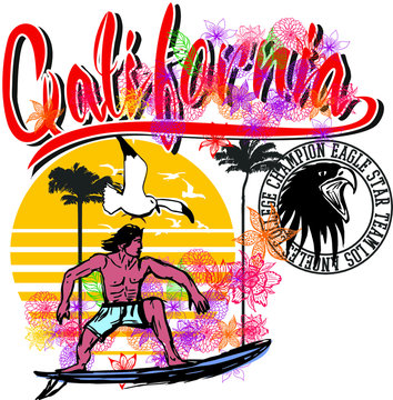 california surfer, eagle and palm tree hand drawing graphic design vector art