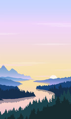 Obraz premium Vector illustration of mountain forest valley with river view, beautiful sunset in the mountains.