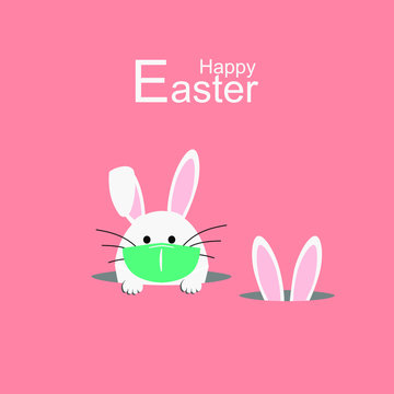 Happy Easter. Easter egg with rabbit ear in medical face mask on white background. Vector illustration