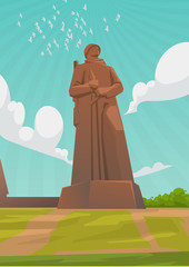 May 9 is a Russian holiday. Summer Sky landscape with War Monument Defenders Of The Soviet Arctic . Victory Day Illustration. Peaceful sky over the head